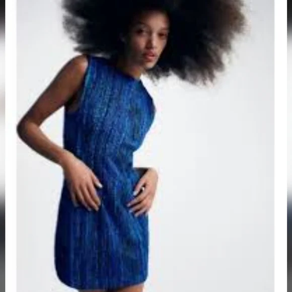 ZARA Blue Textured Mini Dress - Picture 3 of 13